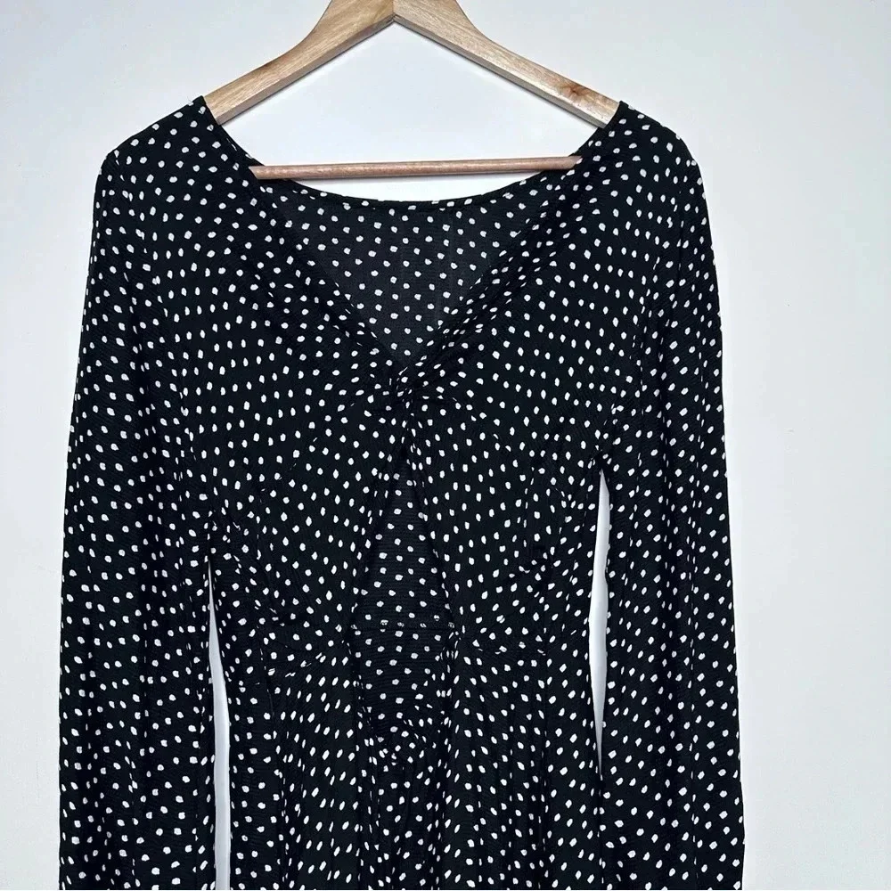 Anthropologie Black White Polka Dot Open Back Flowy Fit Flare Swing Dress